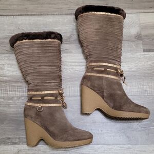 Cole Haan Shearling Lined Suede Wedge Heel Boots